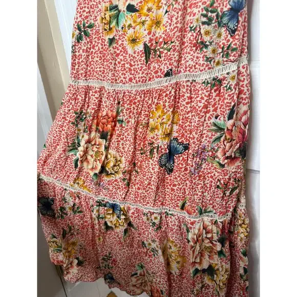 Farm Rio Anthropologie Verbena Midi Dress Tie Strap Tassel Tier Floral Boho xs